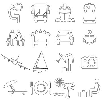 Collection flat icons with long shadow. Travel symbols. Vector i