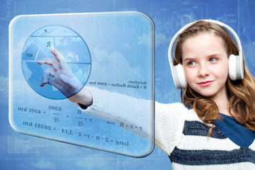 Girl calculating earth radius on digital screen