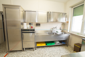 industrial kitchen with refrigerator, dishwasher and sink