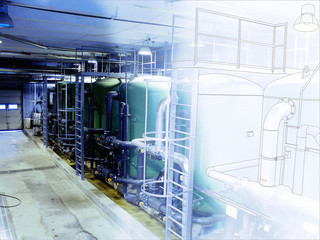 Sketch of piping design mixed with industrial equipment photo