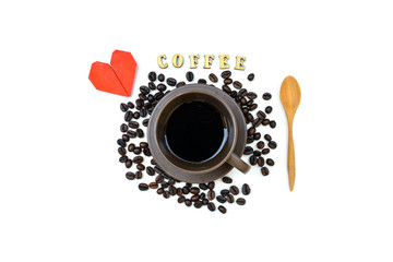 Cup of coffee with coffee beans and red heart isolated