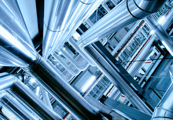 Obraz premium Industrial zone, Steel pipelines, valves and ladders