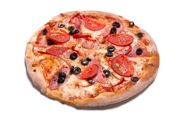 Delicious Italian pizza with ham, tomatoes, and olives