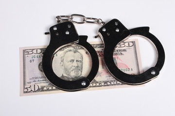 Criminal. Handcuffs and money. Corruption