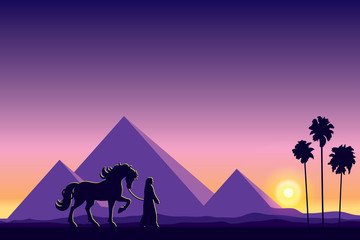 Egypt Great Pyramids with silhouette of Bedouin and horse on sun