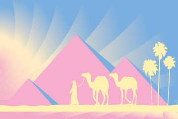 Egypt Great Pyramids with Camel caravan on sunset background