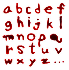 Letters A-Z (English lowercase) dripping with blood on white bac