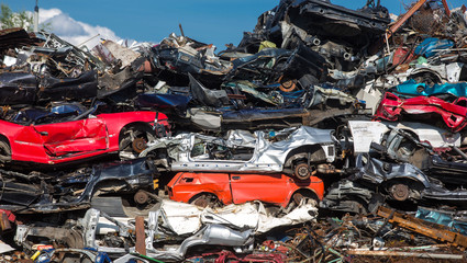 pile of used cars, car scrap yard