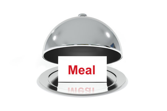 opened silver cloche with white sign meal