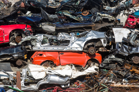 pile of used cars, car scrap yard