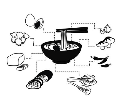 vector of noodles and chopsticks with link of many ingredient
