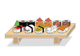 Vector of Mix sushi set on wooden sushi plate