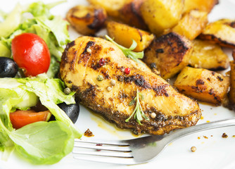 Roasted Chicken Breast with Sweet Potatoes and Salad Garnish