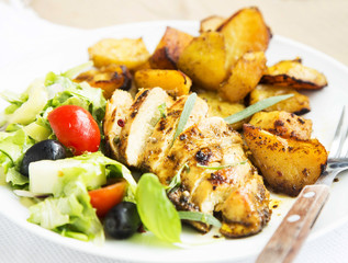 Roasted Chicken Breast with Sweet Potatoes and Salad Garnish