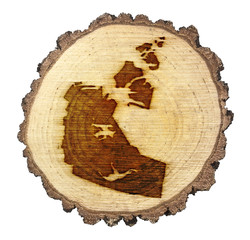 Slice of wood (shape of Northwest Territories branded onto) .(se