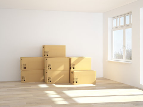 ein raum mit umzugskartons. 3d rendering