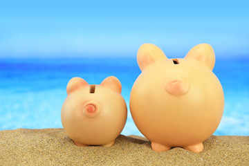 Fototapeta na wymiar Two piggy banks on the beach looking to the sea