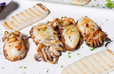 Italian food, grilled squids with white polenta