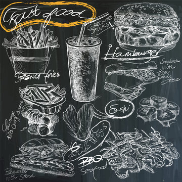 fast food - hand drawings on blackboard, pack