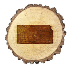 Slice of wood (shape of Kansas branded onto) .(series)
