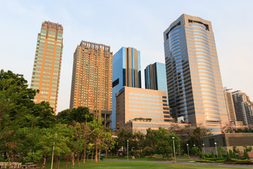 Jatujak park with modern building background at dusk