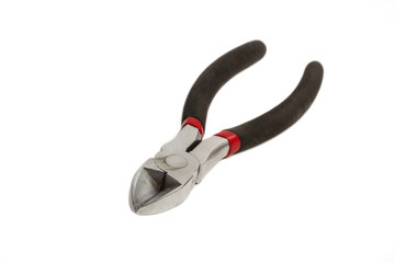 Pinza alicate herramienta de trabajo sobre un fondo blanco liso y aislado. Vista superior. Copy space