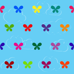 Seamless colourful pattern with butterflies on cloud background