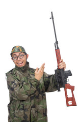 Military man with a gun isolated on white