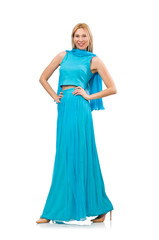Young woman in gentle blue dress isolated on white