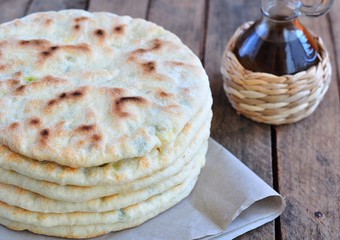 homemade bread with a spinach, eggs and green onions