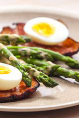 boiled green asparagus with bacon, egg and mustard dip