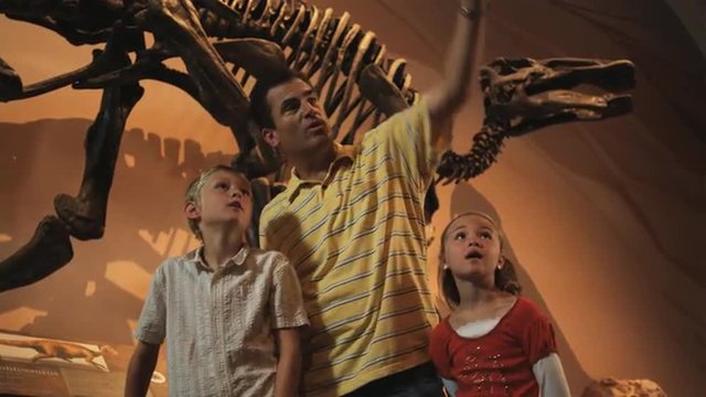 MS Man With Daughter (8-9) And Son (10-11) In Natural History Museum, Lehi, Utah, USA