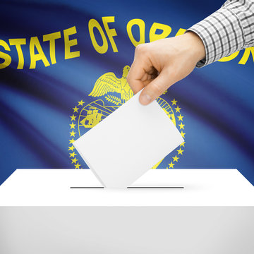 Ballot box with US state flag on background - Oregon