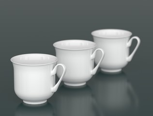 Three white porcelain cups in row with DOF