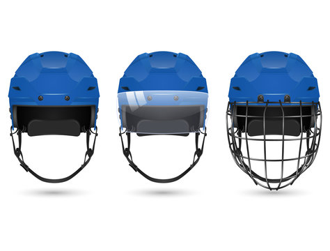 Blue hockey helmet in three varieties