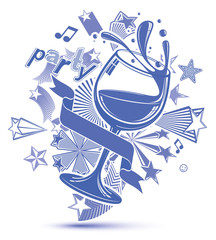 Celebrative grayscale backdrop with musical notes, glass goblet