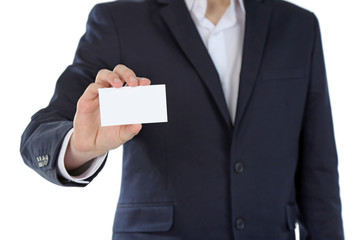 Elegant man in suit holding business card, isolated on white