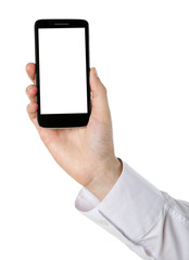 Hand holding mobile smart phone isolated on white