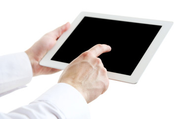 Male hands holding digital tablet isolated on white