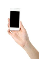 Hand holding mobile smart phone isolated on white