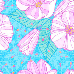 Seamless pattern with cherry blossoms. Blue background with pink