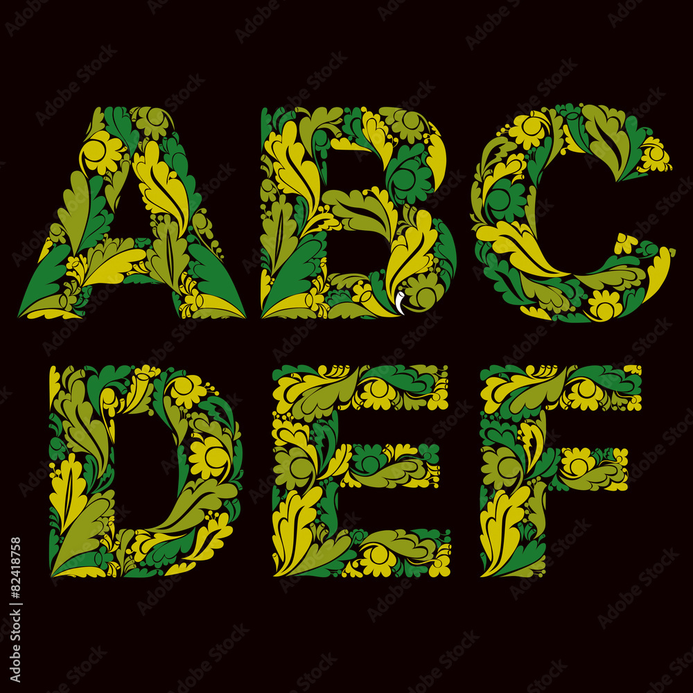 Fototapete decorative typescript with natural pattern. flowery alphabet, ca