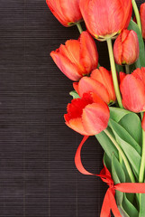 Bouquet of red tulips on dark background with space for message.