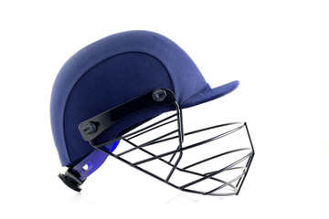 Close up of Blue Cricket Helmet on White Background