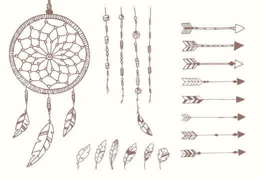Hand drawn native american feathers, dream catcher, beads