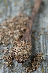 dried cumin on wooden surface
