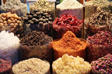 dried herbs flowers spices in the spice souq at Deira