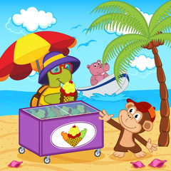 turtle sells ice cream on beach - vector illustration, eps