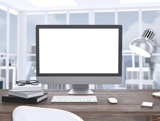 3D illustration PC screen on table in office Workspace