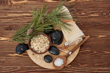 Composition of spa treatment on wooden background